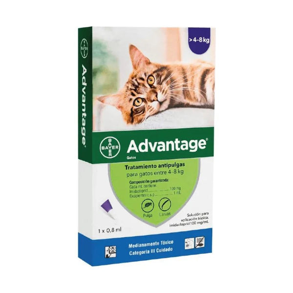 Advantage Pipeta Gatos 4-8kg elimina pulgas en 12 h y protege por 4 semanas. Spot-on seguro, rompe el ciclo vital de las pulgas y alivia la DAPP.