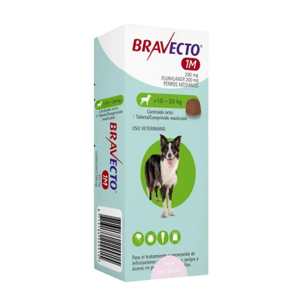 Bravecto Perro 1 Mes 10 a 20 kg (200mg), comprimido masticable antipulgas y garrapatas. Acción prolongada por 37 días. Trata también sarna y ácaros. B-Pets