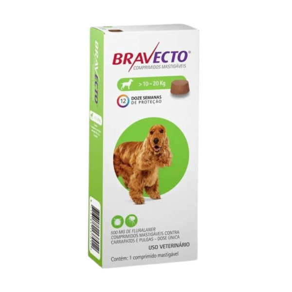 Bravecto Perro 10-20kg (500mg), antiparasitario masticable con protección de 12 semanas contra pulgas, garrapatas y sarna. Acción rápida y segura.