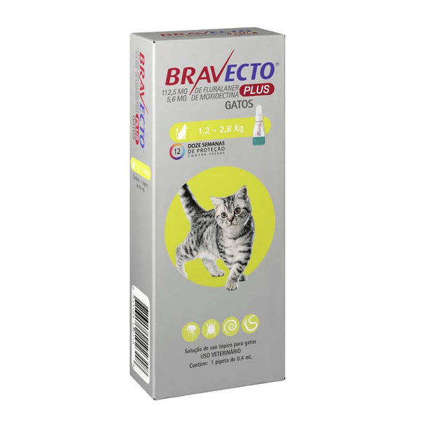 Bravecto Plus Gato 1,2 a 2,8 kg controla pulgas, garrapatas y parásitos internos con una sola pipeta. Protección prolongada por 12 semanas.