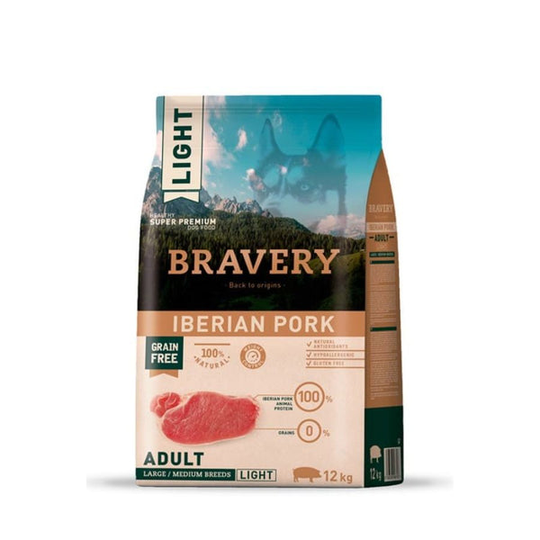 Bravery Light Adulto Cerdo Ibérico, alimento libre de granos, monoproteico, ideal para perros medianos y grandes. Rico en proteínas y antioxidantes.