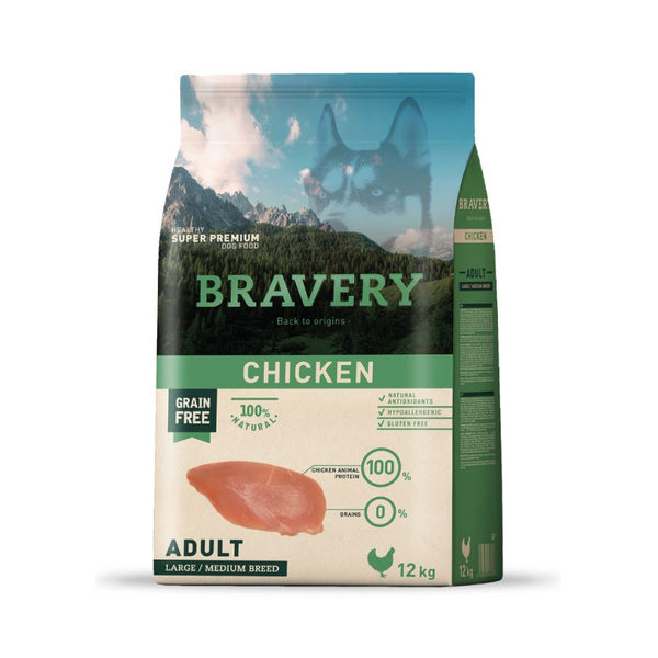 Bravery Pollo Adulto - 12 Kg alimento premium sin cereales, con pollo como única proteína y alto en nutrientes esenciales. Ideal para perros medianos y grandes.