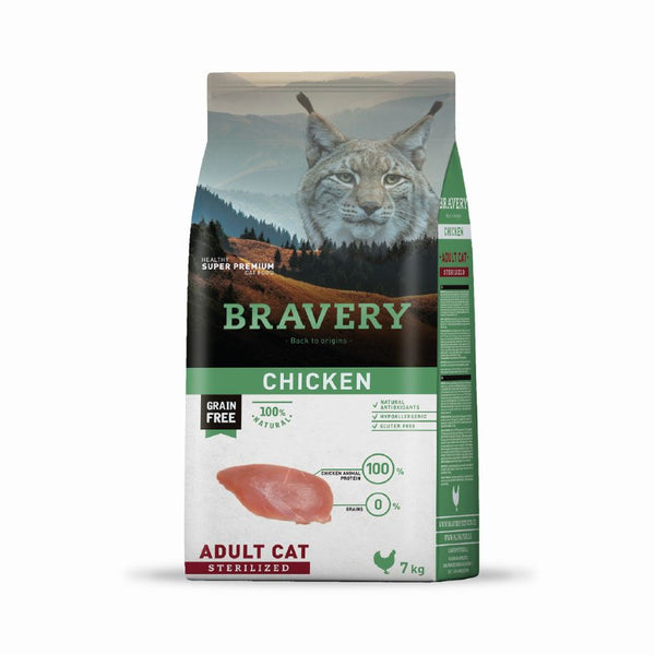 Bravery Pollo Gato Adulto Esterilizado - 7 Kg es un alimento hipoalergénico sin cereales, ideal para gatos esterilizados que necesitan controlar su peso.
