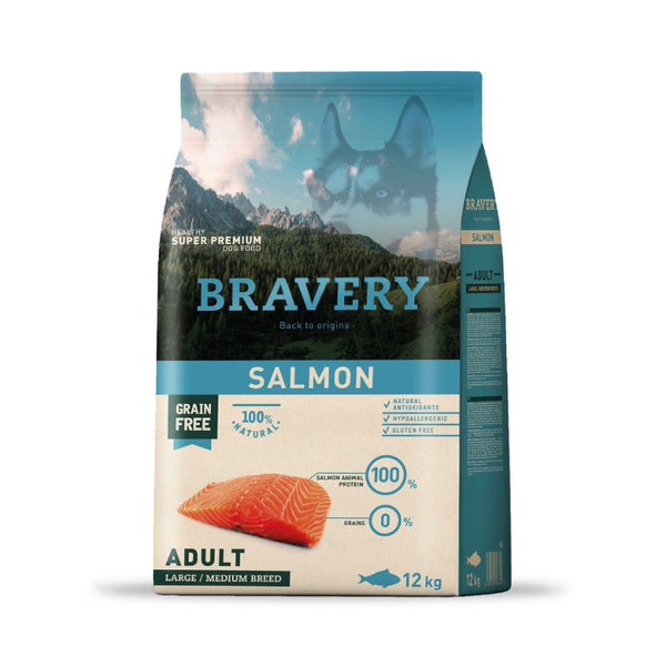 Bravery Salmon Adulto - 12Kg , alimento hipoalergénico y monoproteico sin granos ni gluten, ideal para perros sensibles. Rica en Omega 3 y nutrientes esenciales.
