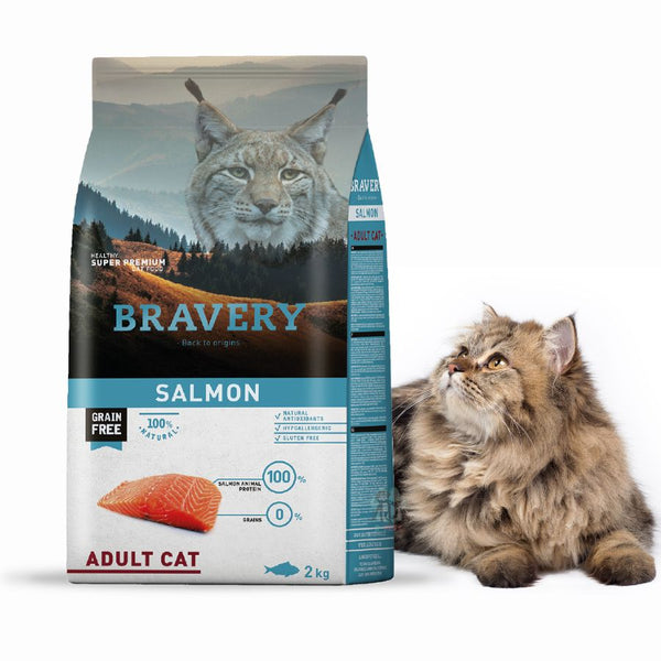 Bravery Salmon Gato Adulto - 2 Kg es un alimento sin cereales, hipoalergénico y monoproteico con salmón, ideal para gatos adultos con sensibilidades.