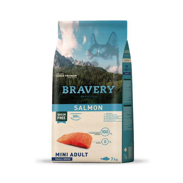 Bravery Salmon Mini Adulto - 2 Kg alimento premium sin cereales, con salmón como única proteína y alto en Omega-3. Ideal para perros pequeños.