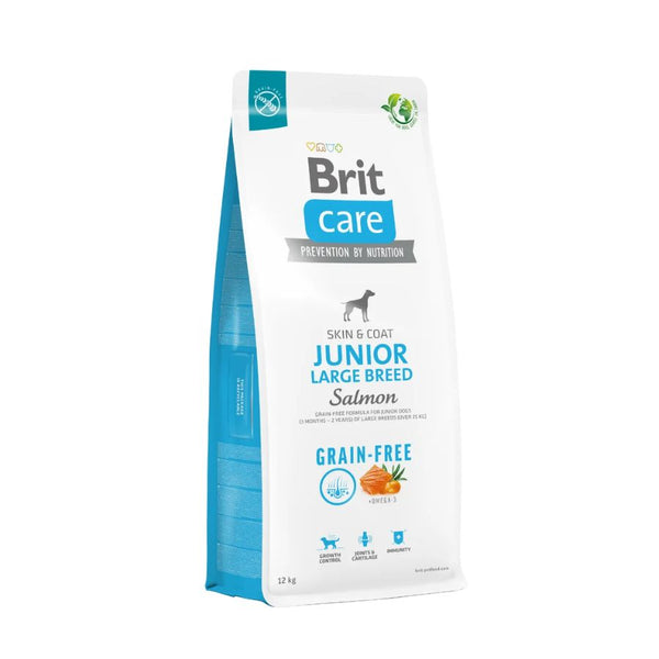 Brit Care Dog Grain-Free Junior Large Breed Salmón 12KG, alimento sin cereales para cachorros de razas grandes, promueve crecimiento óptimo y protege articulaciones.