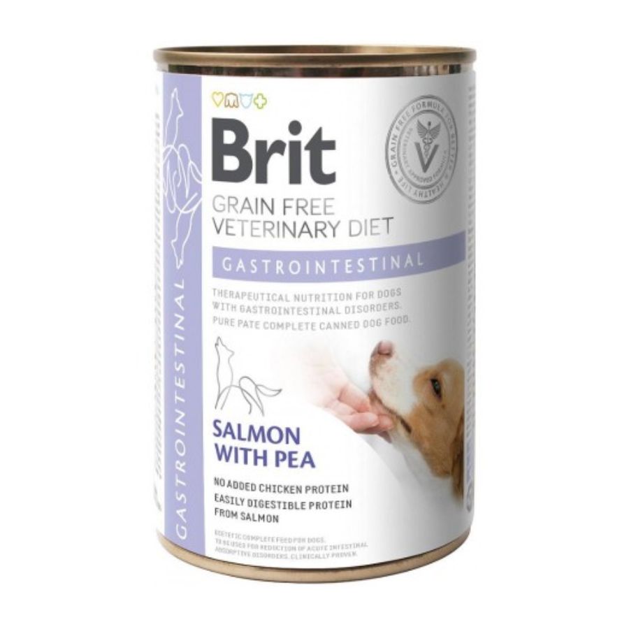 Brit GF VD Dog Gastrointestinal Lata 400gr 🐶 alimento húmedo grain-free con salmón, ideal para perros con diarrea o vómitos. Alta digestibilidad y energía.