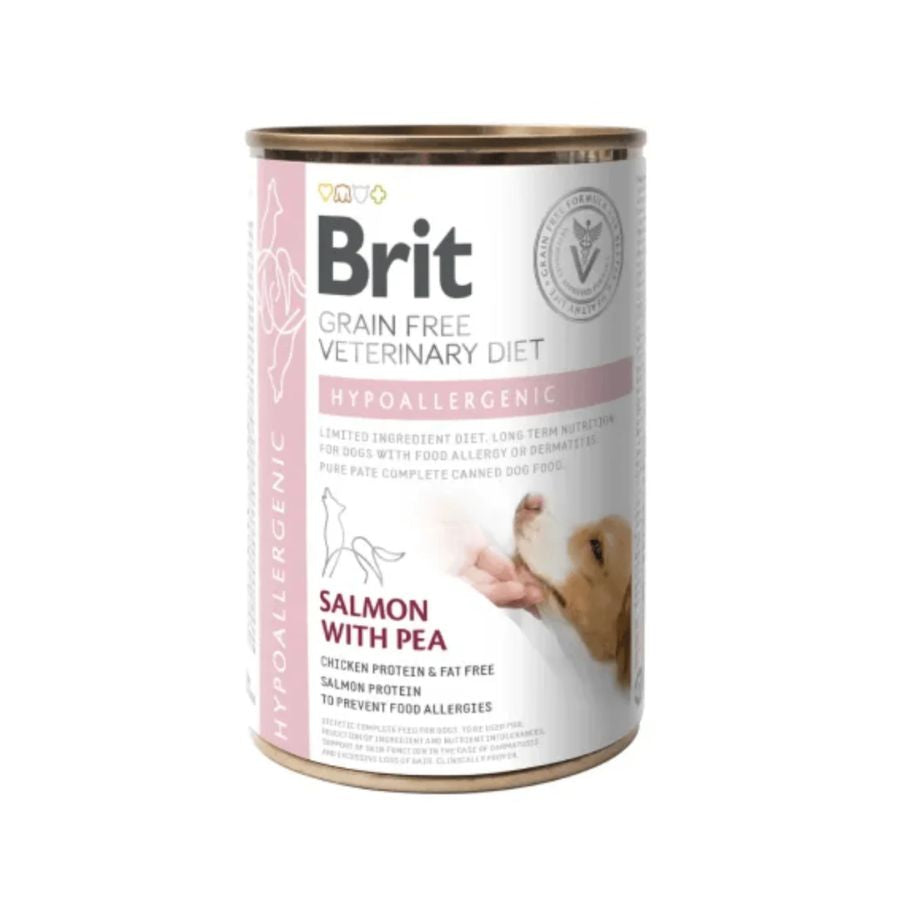 Brit Hypoallergenic Perro Lata 400Gr 🐶, fórmula monoproteica sin cereales ideal para perros con alergias o problemas digestivos.