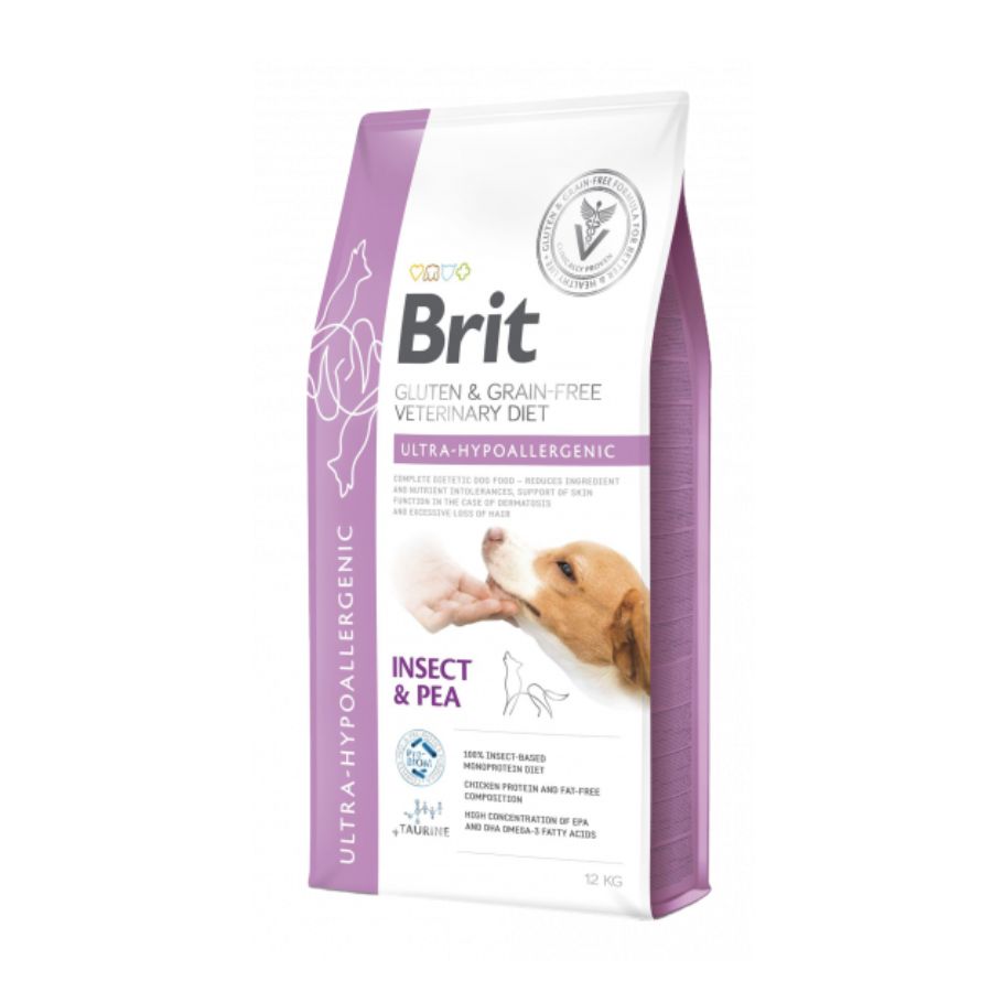Brit Vet Ultra-Hypoallergenic Perro 12KG, alimento hipoalergénico con proteína de insecto para alergias severas. Apoya la salud intestinal y mejora la piel.