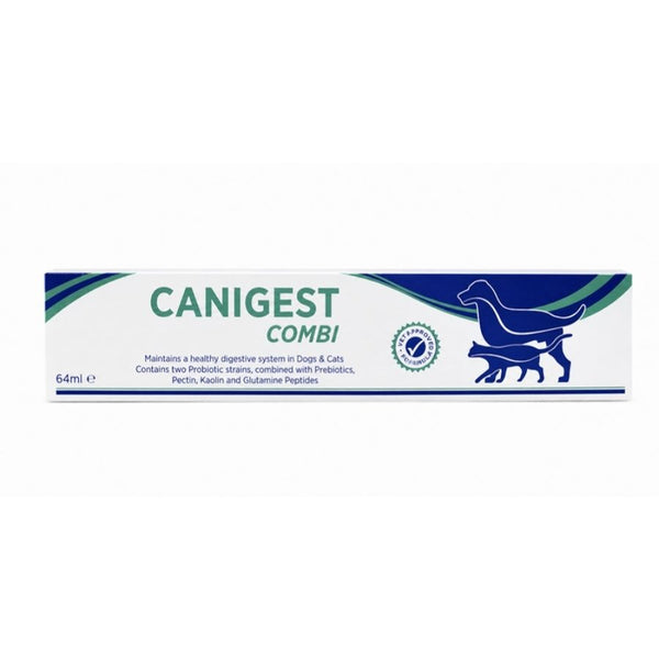 Envase de Canigest Combi probiótico 64 ml para perros y gatos de TRM, vista frontal de la caja