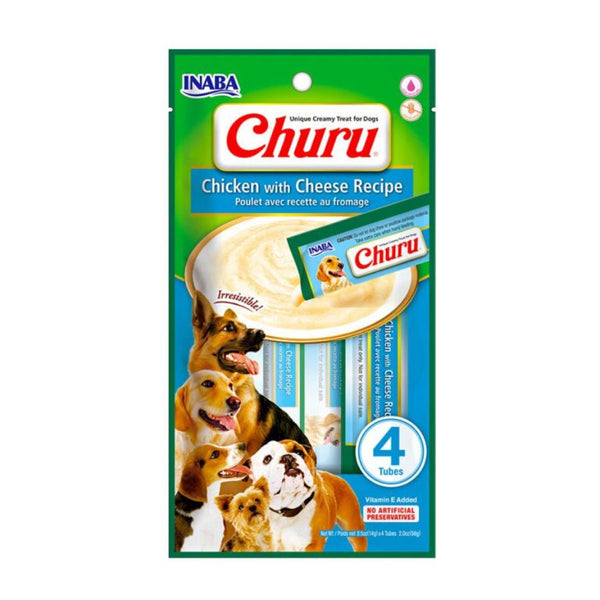 Churu Perro Sabor Pollo y Queso es un snack cremoso con ingredientes de grado humano, sin granos ni aditivos. Ideal como premio para perros de todas las edades.