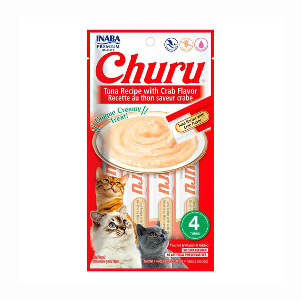 Churu Sabor Atún y Cangrejo es un snack cremoso y saludable para gatos, con ingredientes de grado humano, sin granos ni aditivos artificiales.