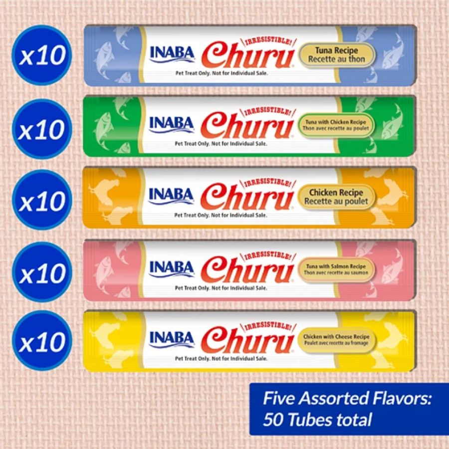 Churu Variedades Atún y Pollo (50 tubos): Paquete surtido de snacks cremosos para gatos, con sabores de atún, pollo, salmón y queso. Alto en humedad, ideal para la salud.