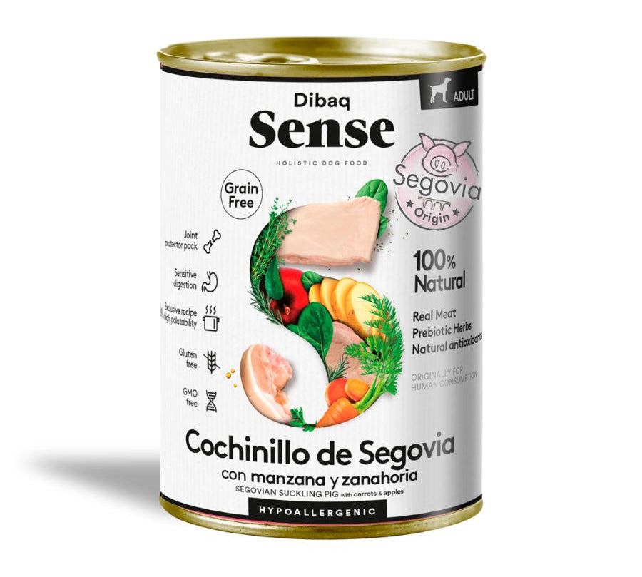 Dibaq Sense Alimento Húmedo Cochinillo de Segovia: latita hipoalergénica grain free con 76% de carnes frescas, protectores articulares y antioxidantes naturales.