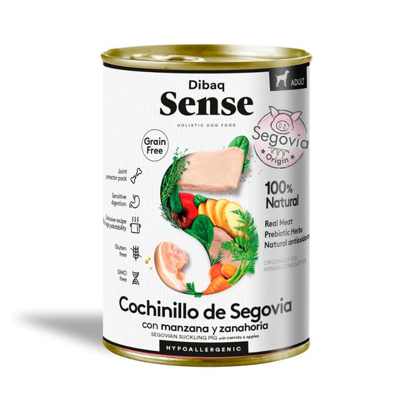 Dibaq Sense Alimento Húmedo Cochinillo de Segovia: latita hipoalergénica grain free con 76% de carnes frescas, protectores articulares y antioxidantes naturales.