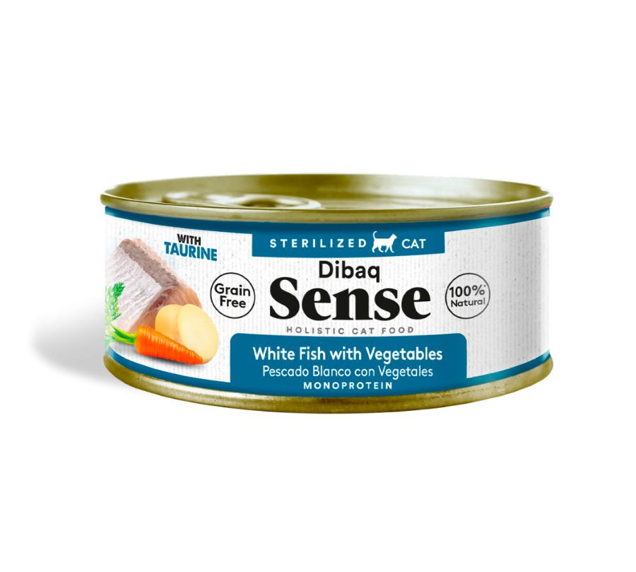 Dibaq Sense Alimento Húmedo Gato Adulto Pescado Blanco y Verduras sin cereales, textura fillets y vegetales frescos para gatos exigentes.