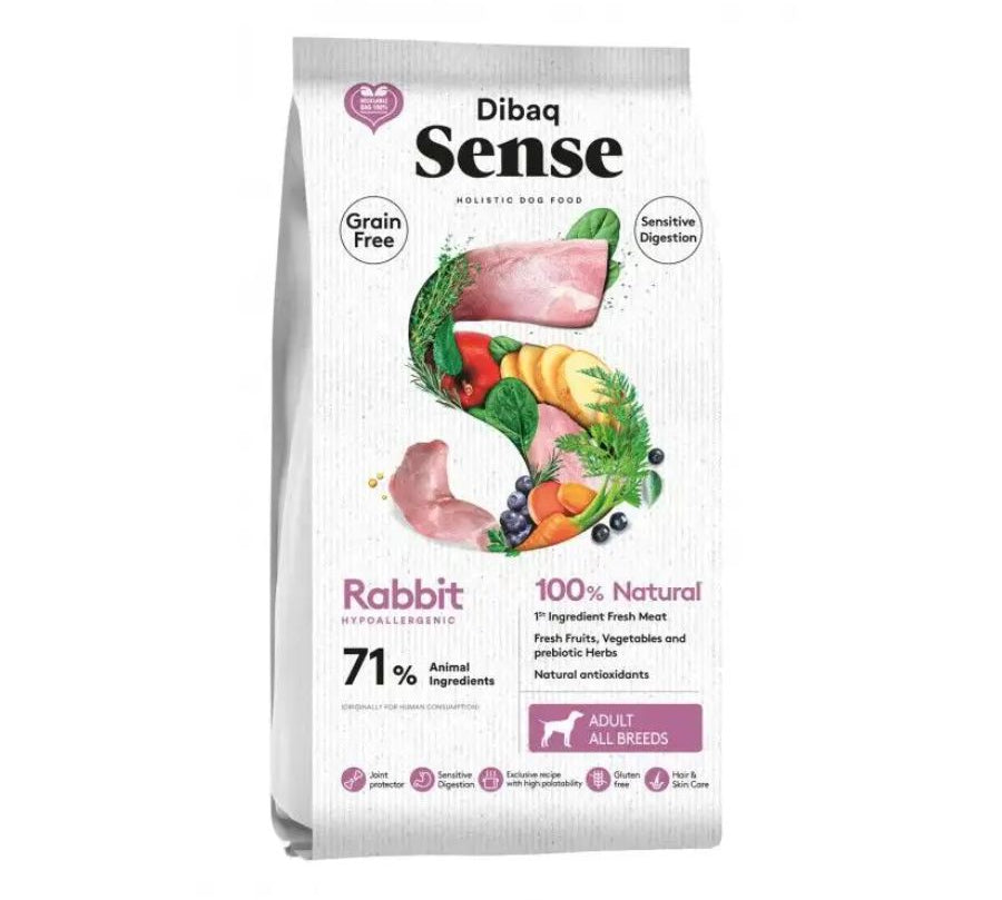 Dibaq Sense Conejo para Perro Adulto 10kg, receta hipoalergénica sin cereales, ideal para perros con digestión sensible.