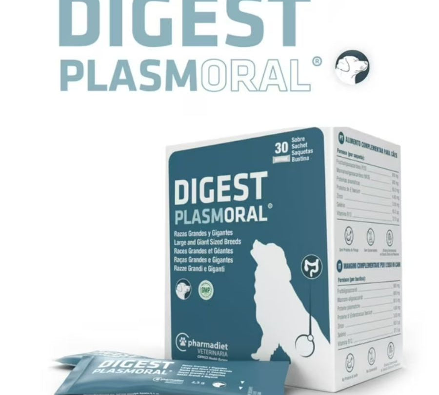 Digest Plasmoral Razas Grandes y Gigantes, suplemento sin cereales ni lactosa que mejora la salud intestinal e inmunitaria de tu perro.