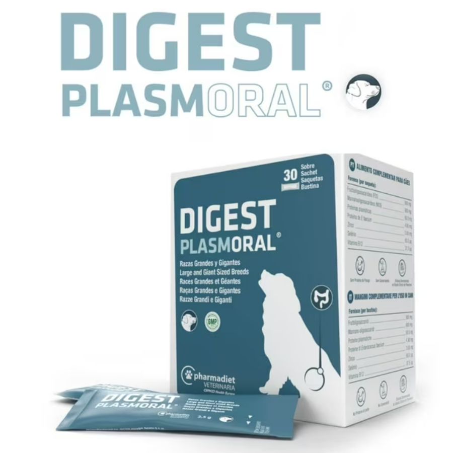 Digest Plasmoral Razas Grandes y Gigantes, suplemento sin cereales ni lactosa que mejora la salud intestinal e inmunitaria de tu perro.