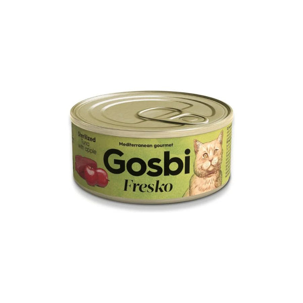Gosbi Fresko Sterilized Atún y Manzana, alimento húmedo bajo en grasa para gatos esterilizados. Rico en atún y fibra natural, ideal como complemento.