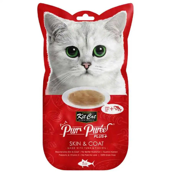 Kit Cat Purr Plus Skin & Coat Atún: Snack cremoso para salud de piel y pelaje de gatos. Con atún y aceite de pescado, rico en Omega 3 y 6. Ideal desde los 2 meses.