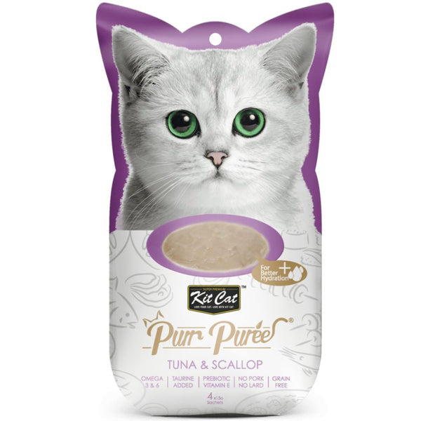 Kit Cat Purr Puree Atún y Ostiones: Snack cremoso para gatos desde 2 meses. Ingredientes naturales con Omega 3 y 6. Ideal para todas las etapas de vida.