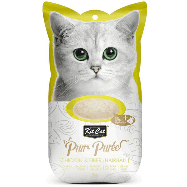 Kit Cat Purr Puree Pollo y Fibra Hairball: Snack funcional para gatos. Controla bolas de pelo, bajo en calorías y rico en Omega 3 y 6. Natural y sin cereales.
