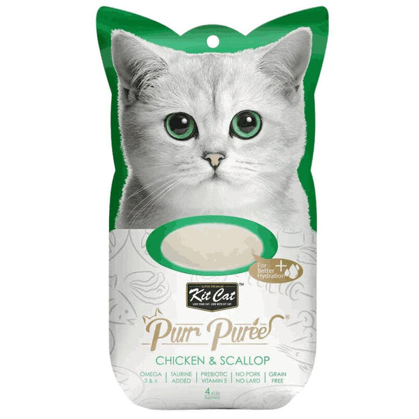 Kit Cat Purr Puree Pollo y Ostiones: Snack cremoso para gatos desde 2 meses. Ingredientes naturales con Omega 3 y 6. Sabor único y nutritivo en sticks de 15g.