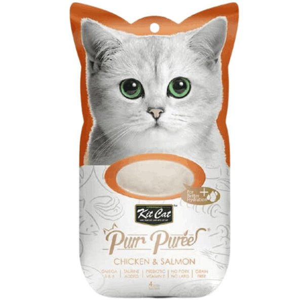 Kit Cat Purr Puree Pollo y Salmón: Snack cremoso para gatos. Con ingredientes 100% naturales y rico en Omega 3. Nutritivo, bajo en calorías y sin cereales.