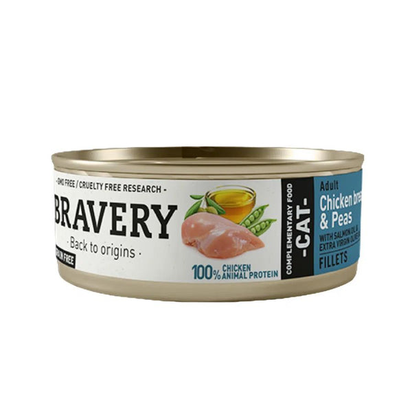 Bravery Pollo y Arvejas es un alimento húmedo natural para gatos adultos, con proteína de pollo, arvejas y aceites saludables. Sin granos ni aditivos.
