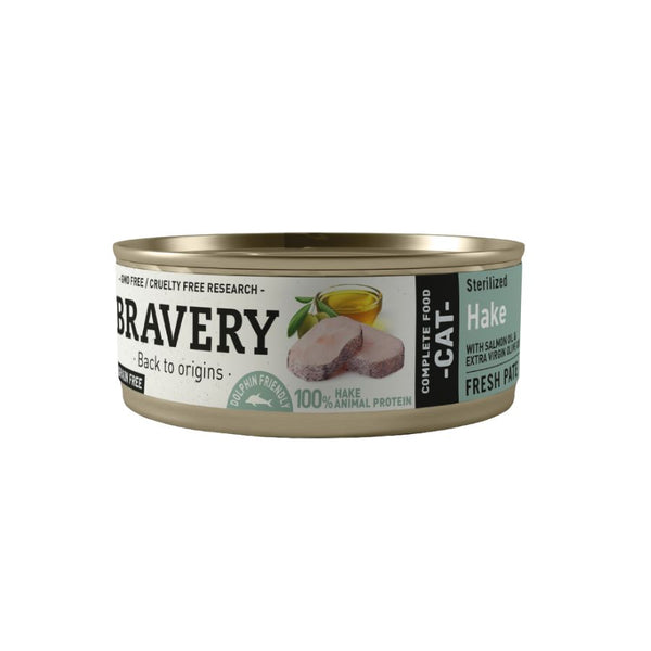 Bravery Hake Gato Esterilizado 🐱 es un alimento húmedo natural y bajo en calorías, ideal para gatos adultos esterilizados. Con merluza, omega 3 y alta hidratación.