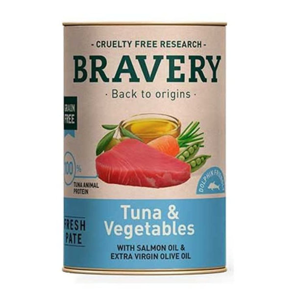 Bravery Atún y Vegetales es un alimento húmedo completo y natural para perros adultos. Con 50% de atún, vegetales y aceites saludables. Sin cereales.