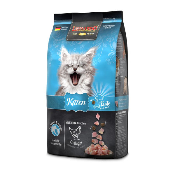 Leonardo Kitten 1.8kg 🐾🍼, alimento completo para gatitos y gatas lactantes. Enriquecido con carne fresca y chía para digestión y defensas fuertes.