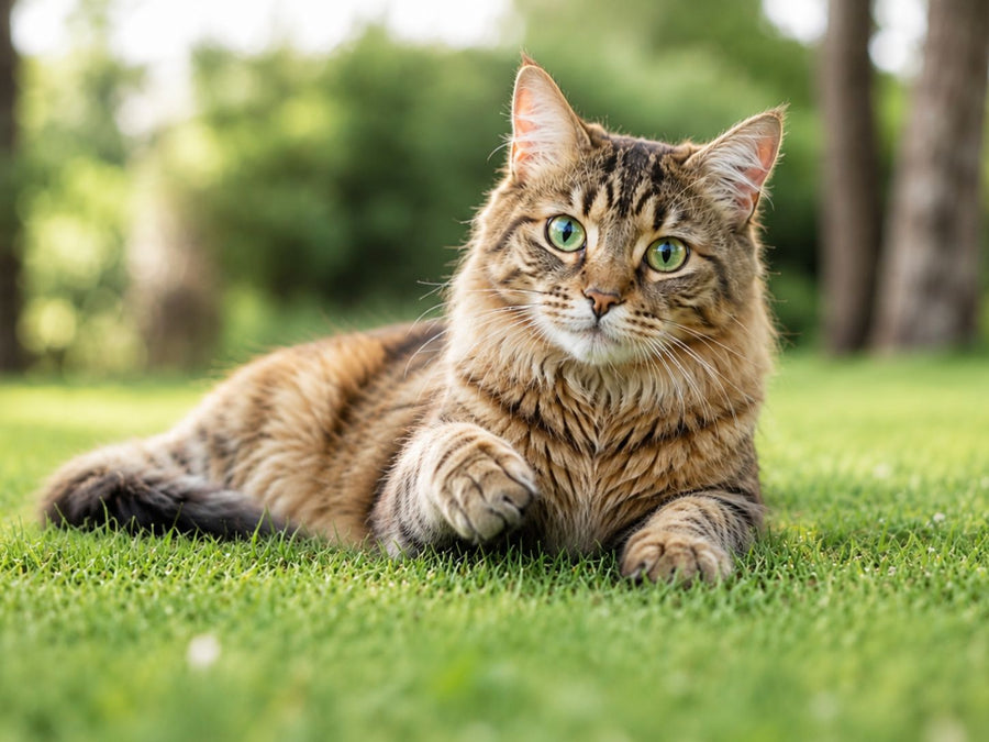 Gato atigrado adulto y sano recostado en el pasto