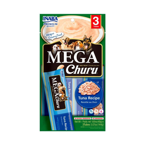 Mega Churu Atún 48G x 3u, snack cremoso sin pollo para perros. Hidratante, sabroso y libre de granos, con vitamina E y té verde para su bienestar.