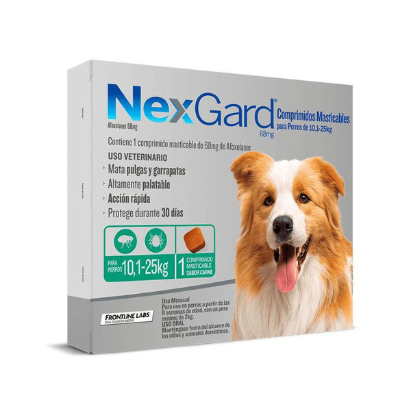Nexgard 10 a 25 kg elimina pulgas, garrapatas y ácaros con acción rápida y sabor a carne. Protección eficaz por 30 días en un solo comprimido. B-Pets