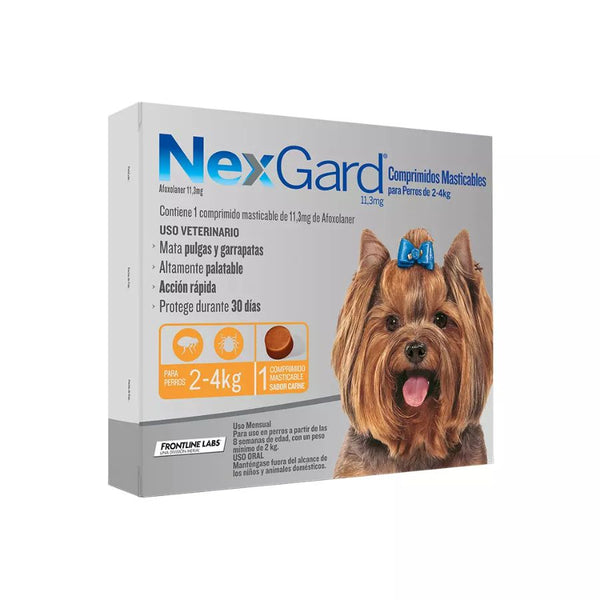 Nexgard 2 a 4 kg elimina pulgas, garrapatas y ácaros con acción rápida y sabor a carne. Protección eficaz por 30 días en un solo comprimido.