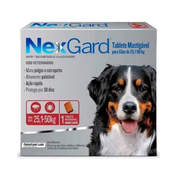 Nexgard 25 a 50 kg elimina pulgas, garrapatas y ácaros con acción rápida y sabor a carne. Protección eficaz por 30 días en un solo comprimido.