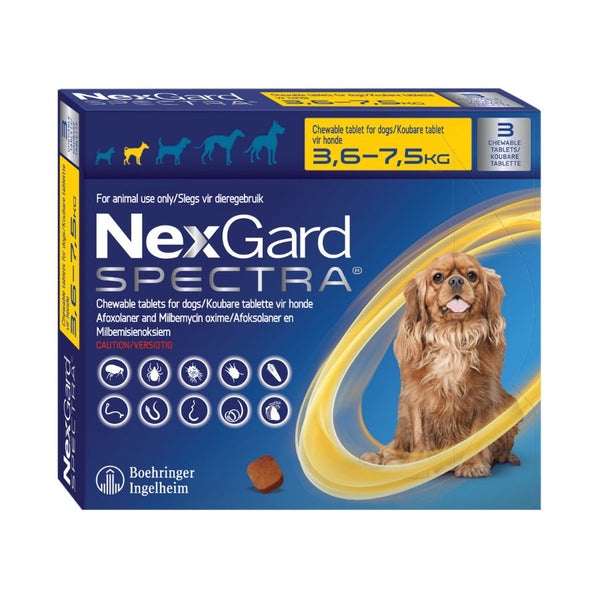 Nexgard Spectra 3.6 a 7.5 kg, antiparasitario masticable con sabor a carne que protege contra pulgas, garrapatas y parásitos internos por 1 mes.