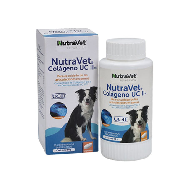 NutraVet Colágeno UC II 30 comprimidos, apoya la salud articular con colágeno no desnaturalizado y cúrcuma. Ideal para perros con osteoartritis. B-Pets