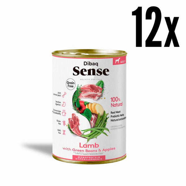 Pack 12x Dibaq Sense Alimento Húmedo Cordero Lata, receta monoproteica grain free con cordero fresco, antioxidantes y protectores articulares.