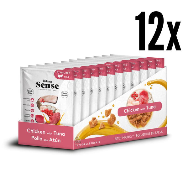 Pack 12x Dibaq Sense Bocaditos en Salsa Pollo con Atún alimento húmedo natural, sin cereales, rico en proteínas y con beneficios digestivos y urinarios.