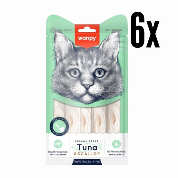 Pack 6x Wanpy Creamy Treat Atún & Ostión para Gatos, un snack premium 100% natural para gatos de más de 3 meses.