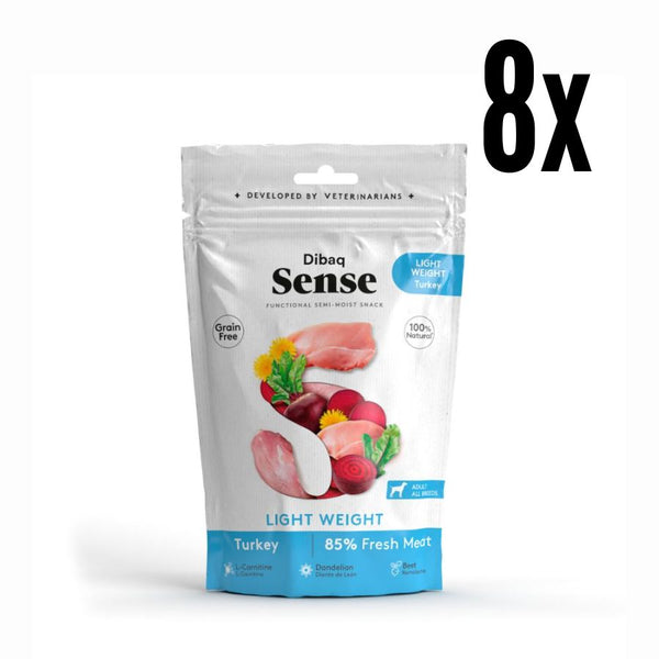 Pack 8x Dibaq Sense Snack Semi Humedo Light Weight de Pavo, bajo en grasa y con L-Carnitina, ideal para perros con sobrepeso. ¡Controla su peso de forma natural!