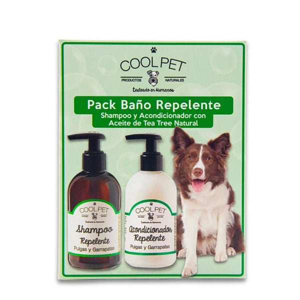 Pack Baño Repelente Coolpet, shampoo y acondicionador con Tea Tree para proteger a tu perro de pulgas y garrapatas. Limpieza profunda y natural.