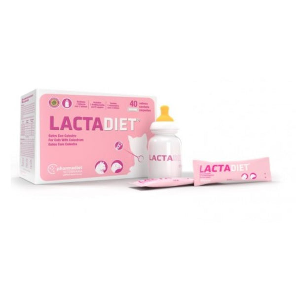 Pack Lactadiet Gato 40 Sobres y Biberon proporciona nutrición completa con calostro, vitaminas y Omega 3, ideal para gatitos recién nacidos hasta el destete.