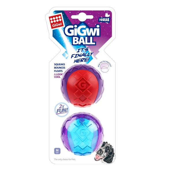 Pack Pelota Squeaker Gigwi Ball Medium pelotas resistentes con sonido, tecnología TPR y superficie dental. Ideales para perros medianos. Pack de 2.