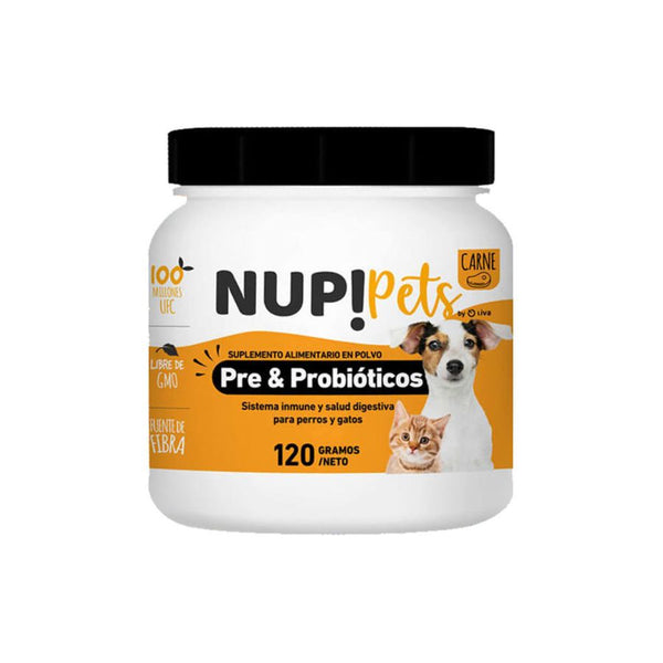 Pre y Probióticos para Mascotas NUP! PETS Sabor Carne mejora la salud digestiva e inmune de perros y gatos. Fórmula natural, libre de alérgenos.