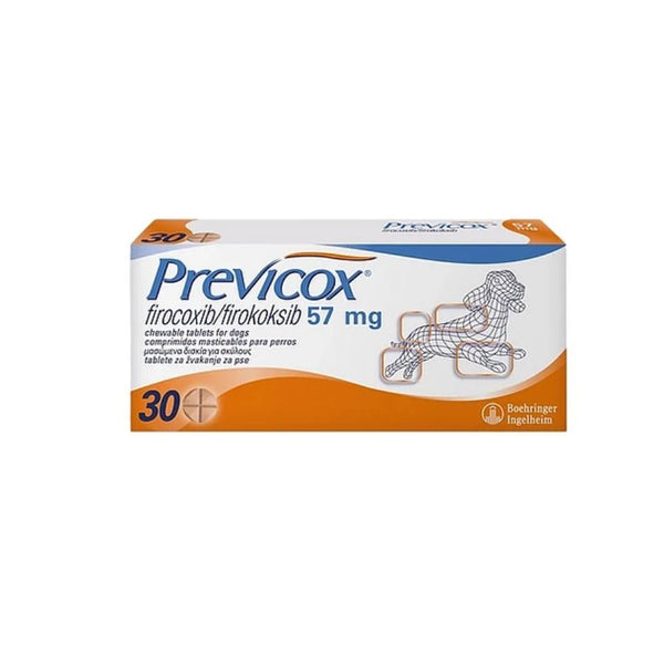 Previcox 57mg 30 comp alivia eficazmente el dolor e inflamación en perros pequeños con osteoartritis o tras cirugía. Alta selectividad COX-2 y excelente palatabilidad. B-Pets